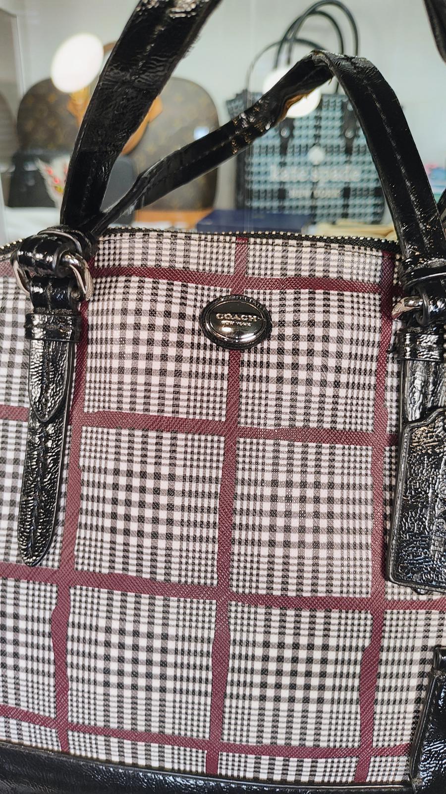 Coach Peyton Cora Glen Plaid Domed Satchel Black Patent Leather Purse