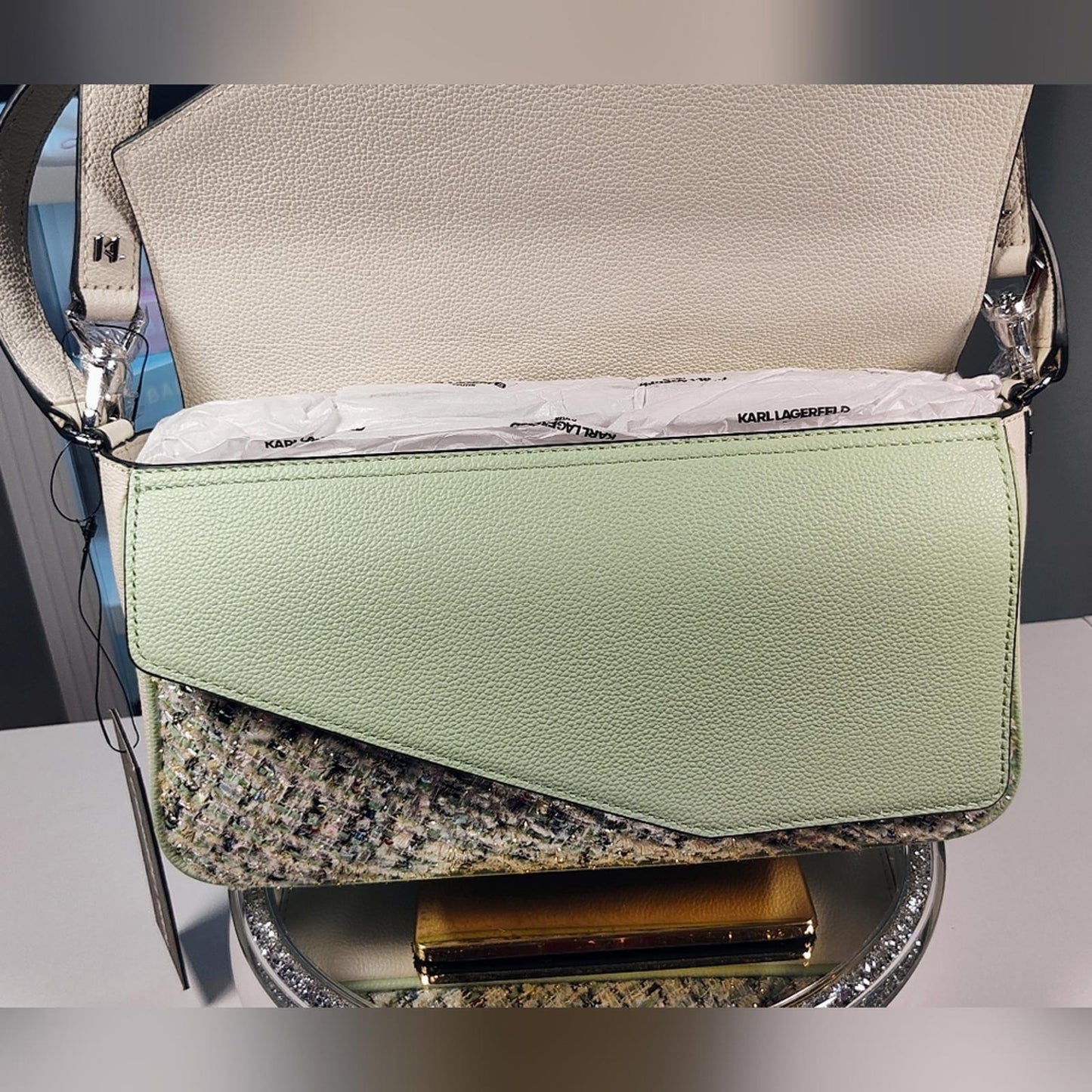 KARL LAGERFELD PARIS Women's Agyness Boucle Tweed Cele Double Flap Crossbody