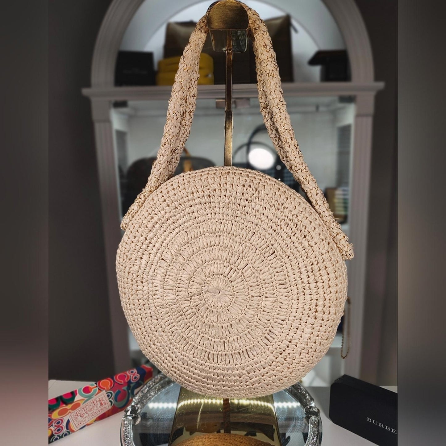 Japanese Floral Crochet Round Bag - Cream and Multicolor