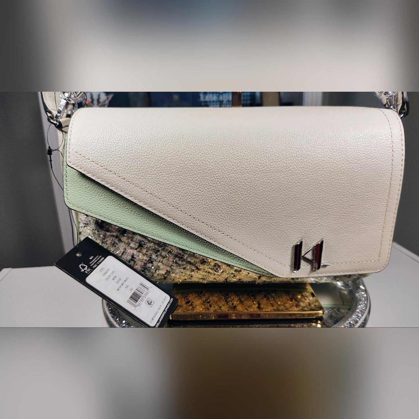 KARL LAGERFELD PARIS Women's Agyness Boucle Tweed Cele Double Flap Crossbody