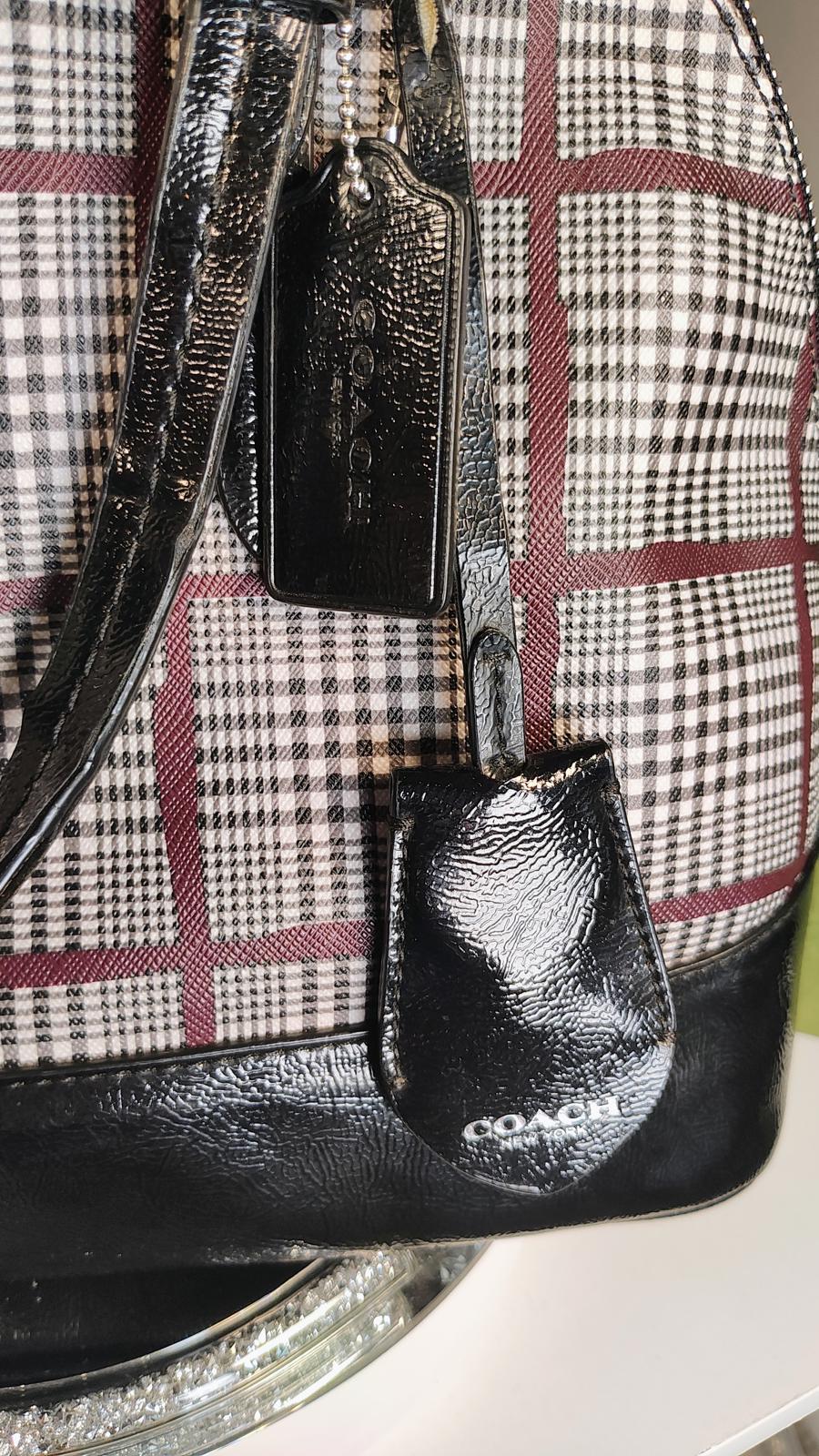 Coach Peyton Cora Glen Plaid Domed Satchel Black Patent Leather Purse