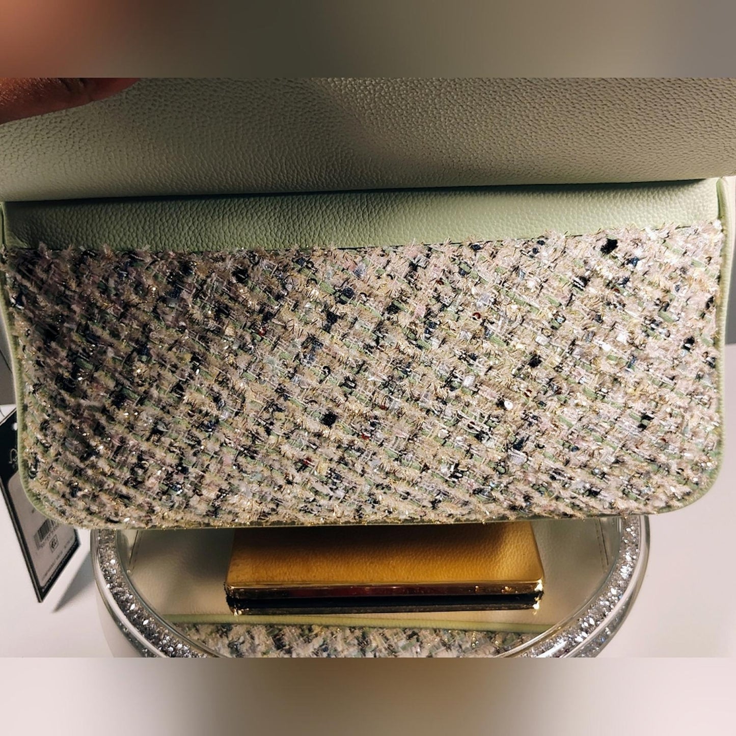KARL LAGERFELD PARIS Women's Agyness Boucle Tweed Cele Double Flap Crossbody