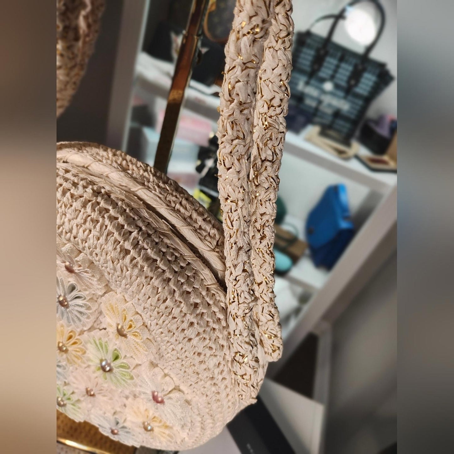 Japanese Floral Crochet Round Bag - Cream and Multicolor