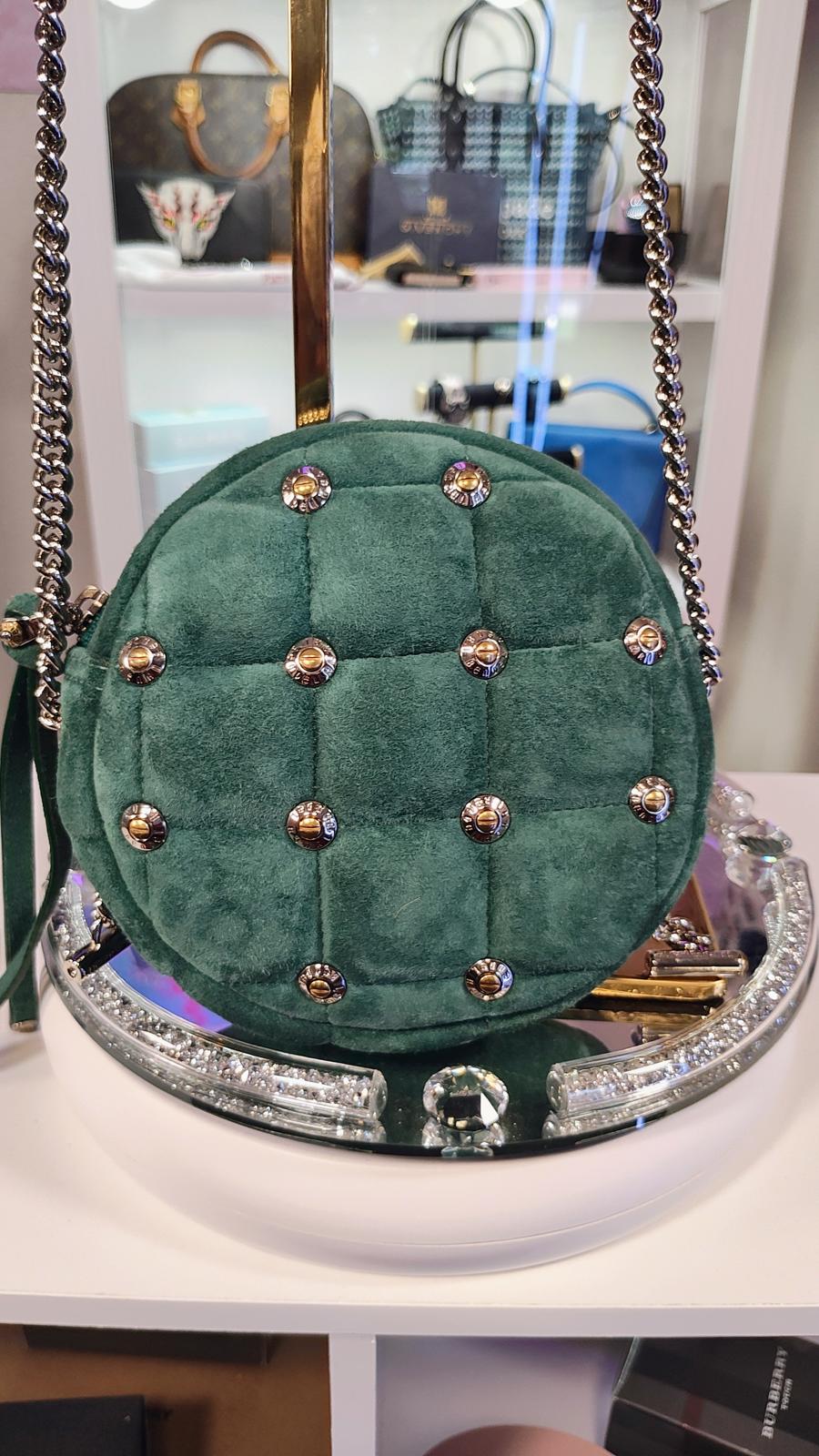 Henri Bendel Stylish Green Round Riveted Crossbody Bag