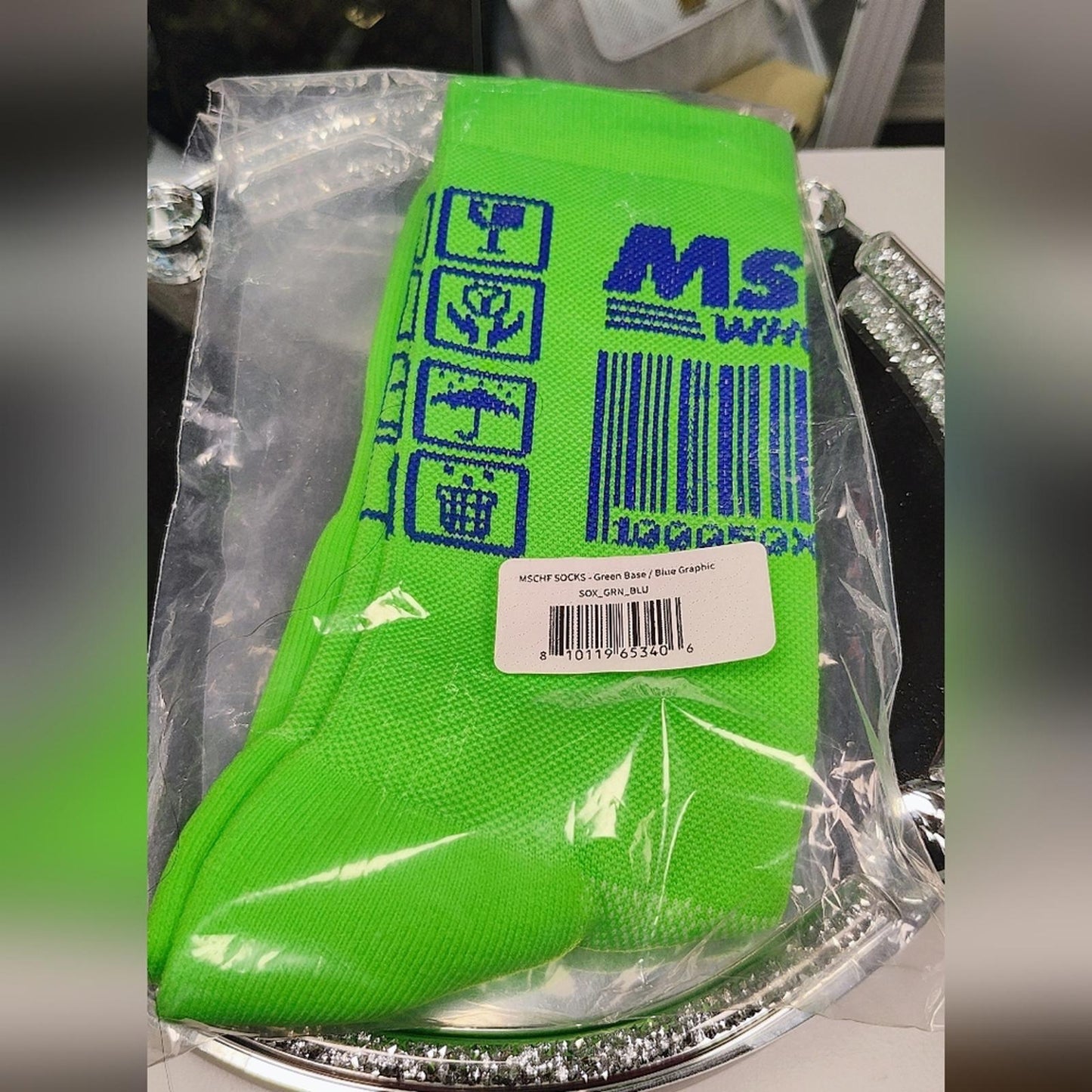 Mschf Neon Green Socks with Blue Graphic
