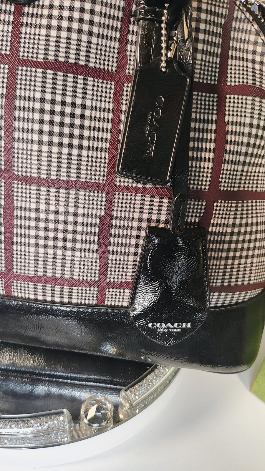 Coach Peyton Cora Glen Plaid Domed Satchel Black Patent Leather Purse