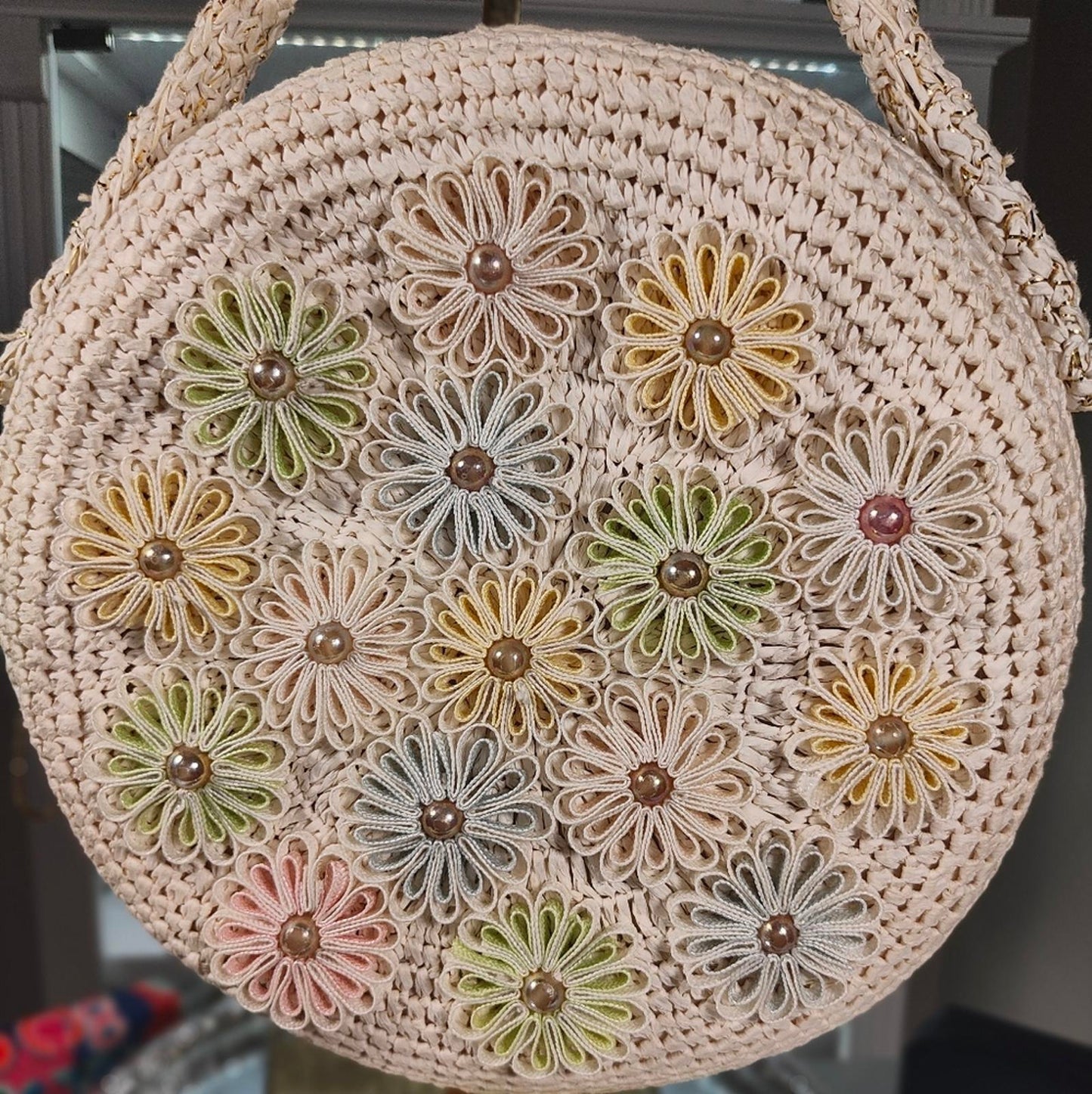 Japanese Floral Crochet Round Bag - Cream and Multicolor