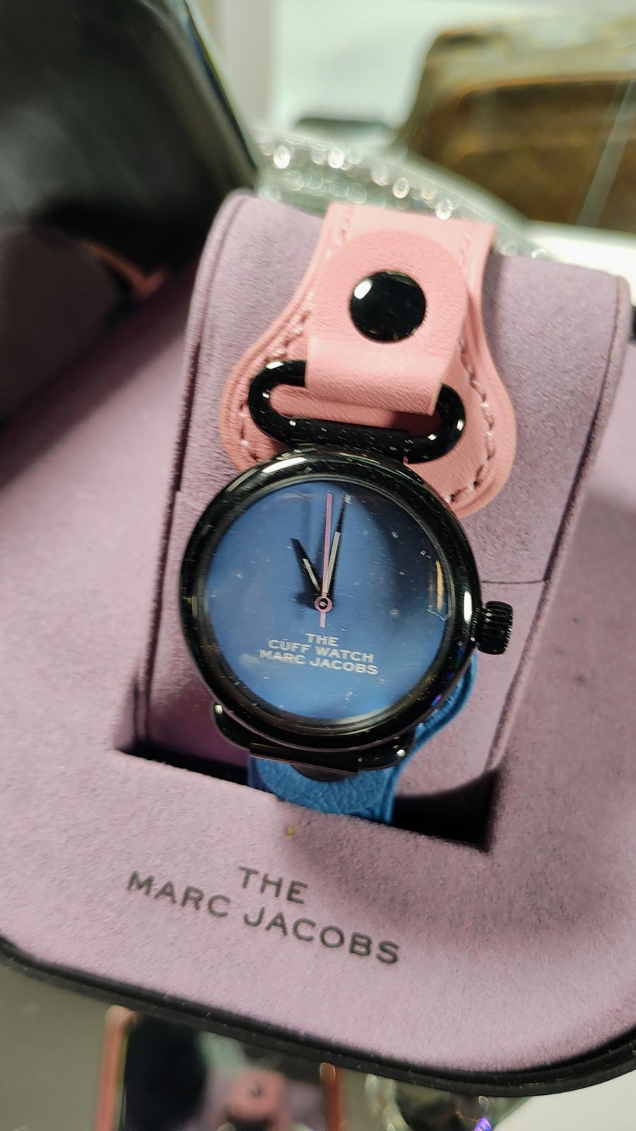 The Cuff Watch by Marc Jacobs in Blue and Pink Leather