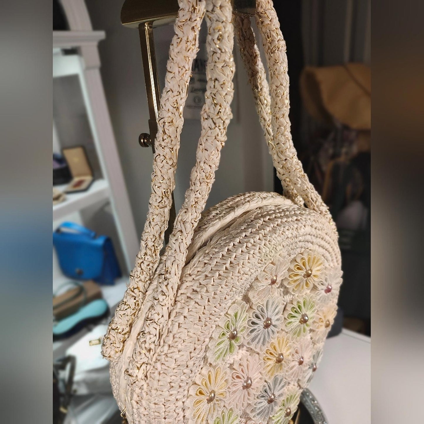 Japanese Floral Crochet Round Bag - Cream and Multicolor