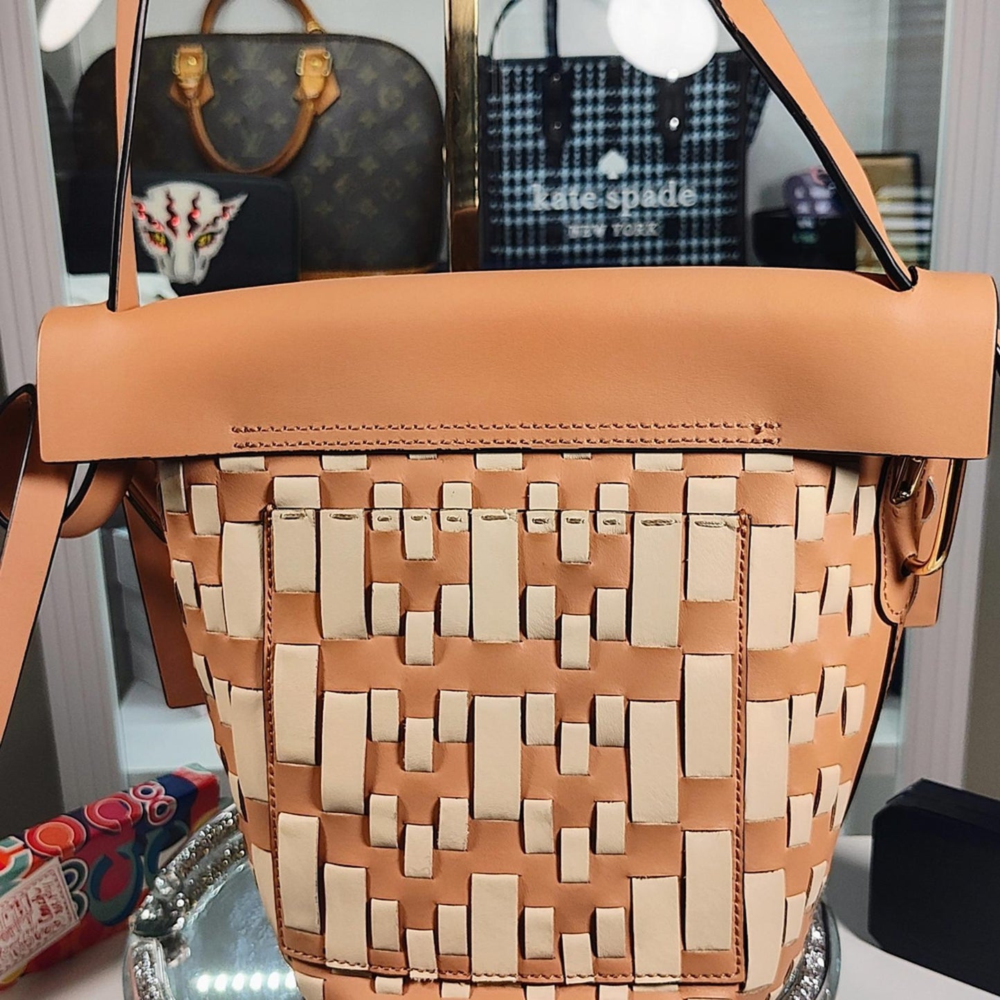 ZAC Zac Posen Tan and Cream Woven Leather Crossbody Bag