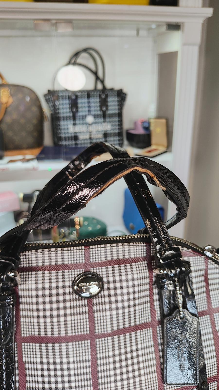 Coach Peyton Cora Glen Plaid Domed Satchel Black Patent Leather Purse