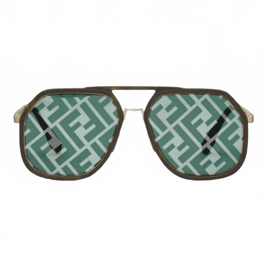 Fendi Zucca FF-Monogram Green Lens Round Aviator Sunglasses Green Havana