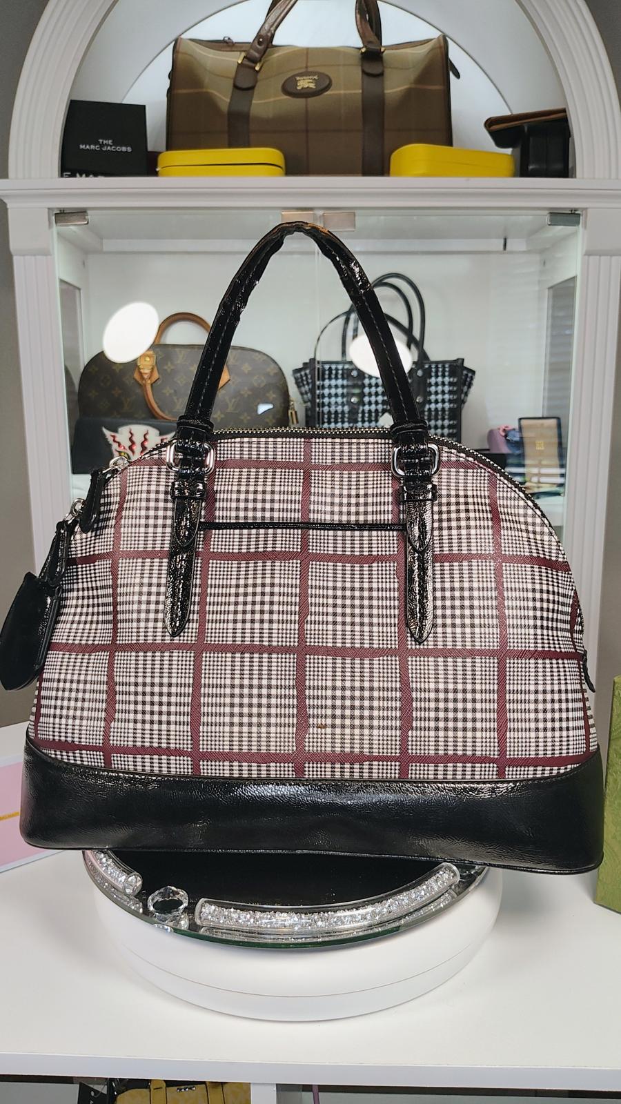 Coach Peyton Cora Glen Plaid Domed Satchel Black Patent Leather Purse