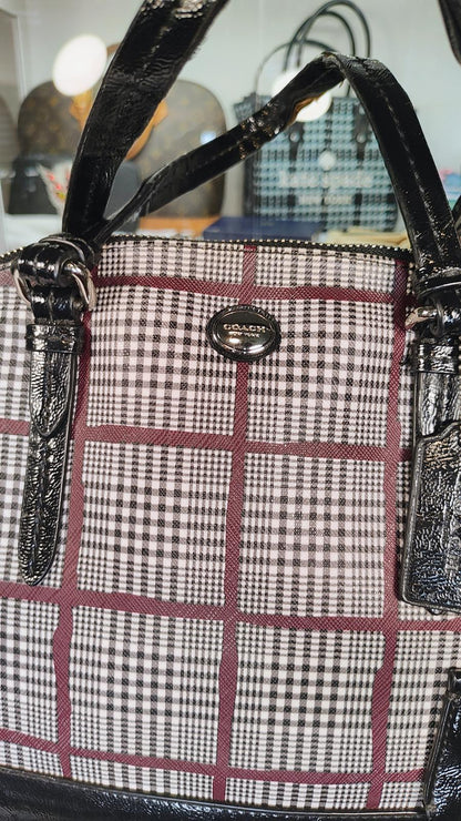 Coach Peyton Cora Glen Plaid Domed Satchel Black Patent Leather Purse