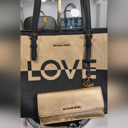 Michael Kors LOVE Jet Set Travel MD Carry All Black and Gold Tote Bag And Wallet