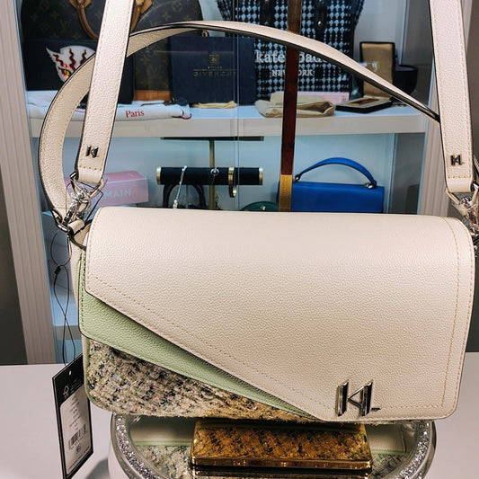 KARL LAGERFELD PARIS Women's Agyness Boucle Tweed Cele Double Flap Crossbody