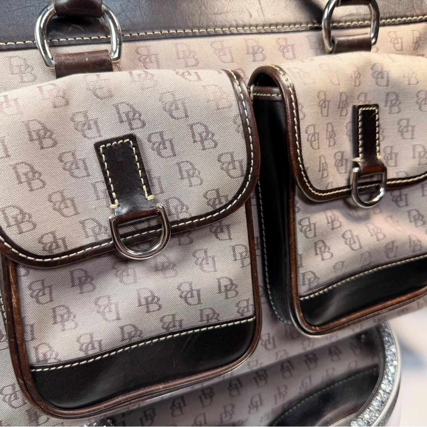 Dooney & Bourne Vintage Brown Signature Logo Double Pouch Tote Bag