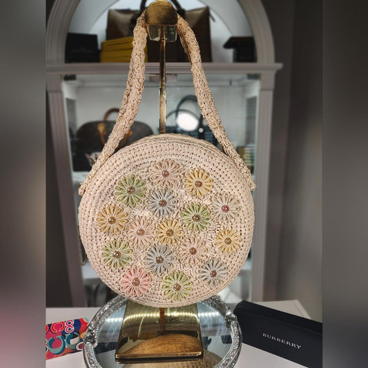 Japanese Floral Crochet Round Bag - Cream and Multicolor