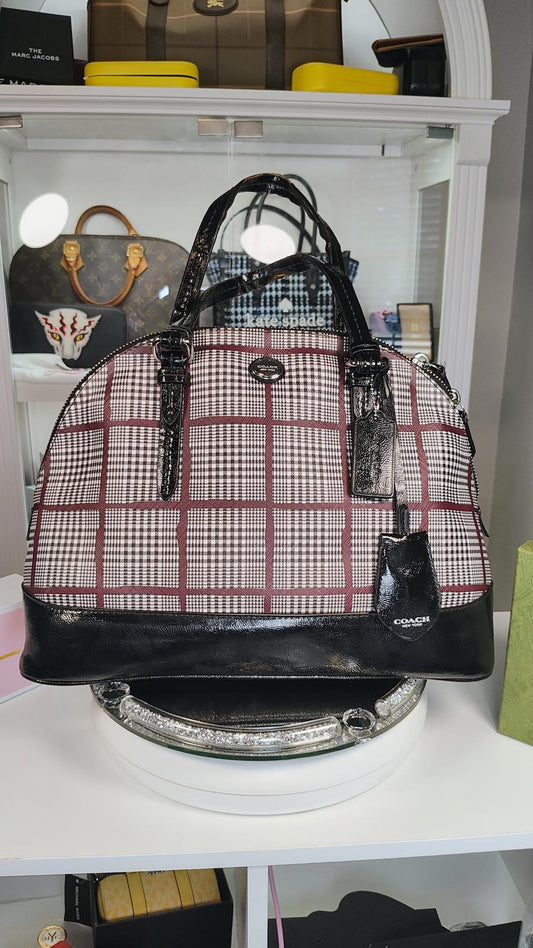 Coach Peyton Cora Glen Plaid Domed Satchel Black Patent Leather Purse