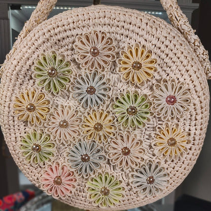 Japanese Floral Crochet Round Bag - Cream and Multicolor