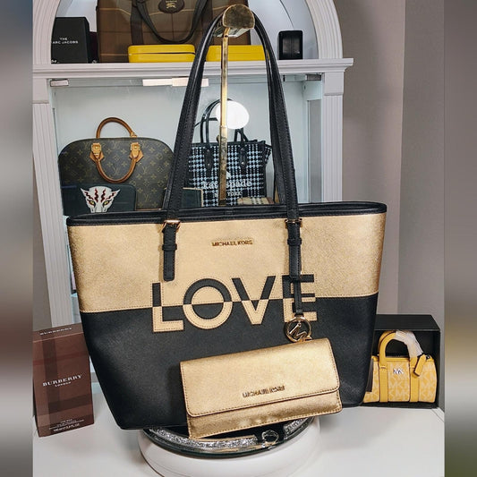 Michael Kors LOVE Jet Set Travel MD Carry All Black and Gold Tote Bag And Wallet