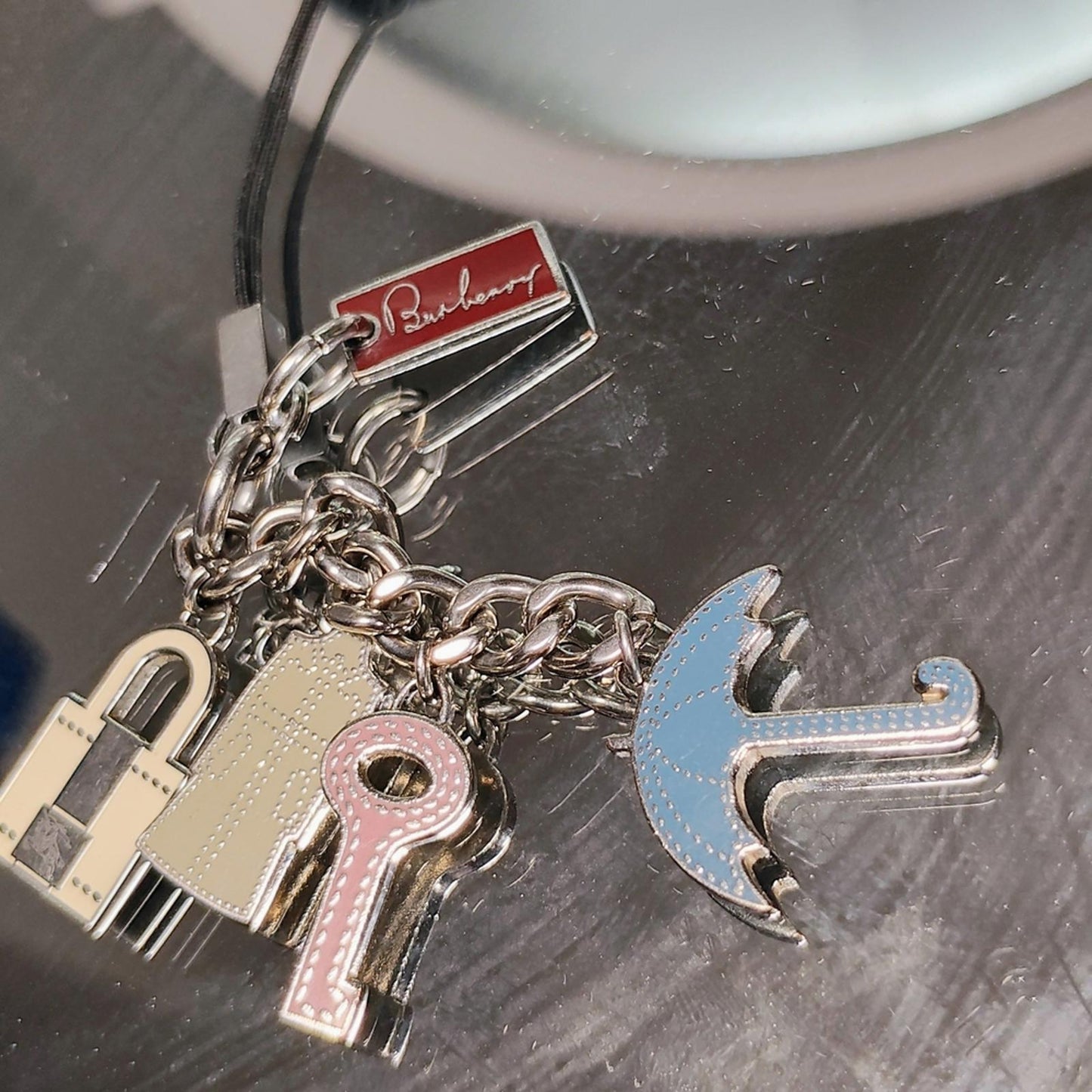 Burberry Silver Charm Keychain with Umbrella and Lock Charms